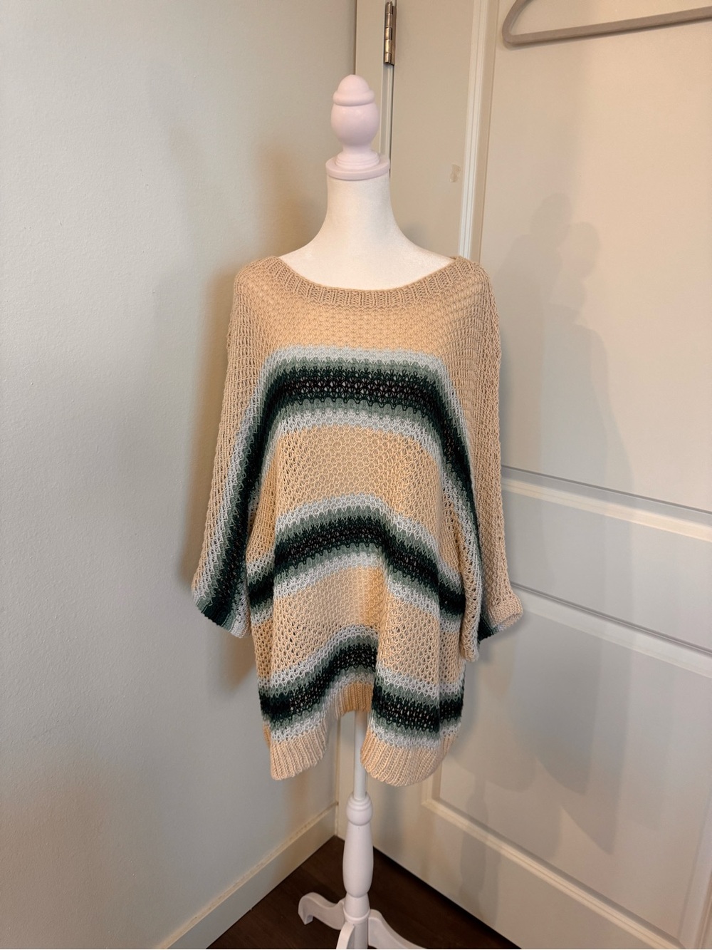 J. Jill Linen Cotton Striped Open Knit Sweater Tunic Tan Green Boho Poncho